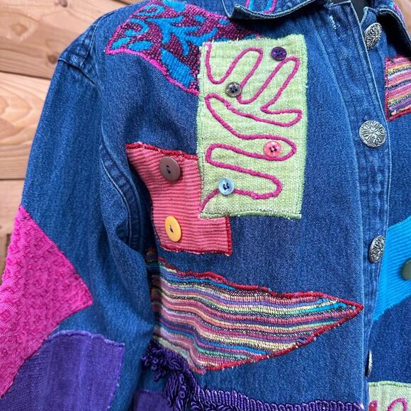 Legacy Denim Patchwork Embroidered‎ Jacket Boho Festival Artsy Small - Picture 7 of 16